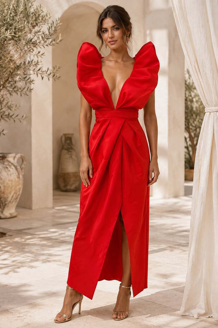 Mahdera Effortlessly You Red Deep V-Neck Puff Sleeve Formal Gown